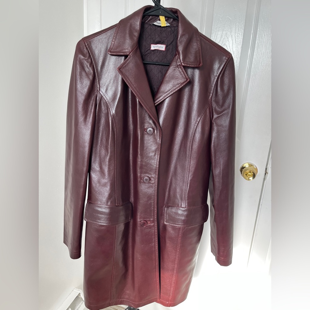 Max & Co. (MaxMara) Size Medium Leather Trench Jacket Heavy Lined - Burgundy